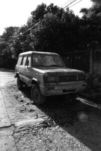Old Jeep car in Villagrande; Black and white