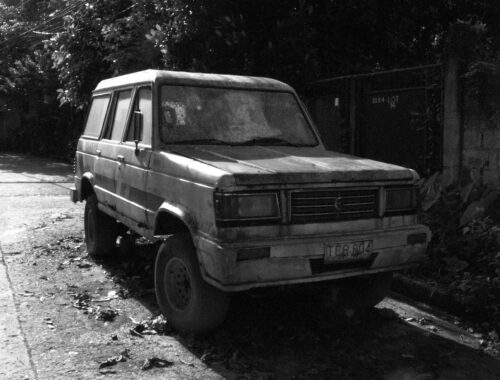 Old Jeep car in Villagrande; Black and white