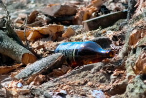Red horse beer Photo with chopped wood
